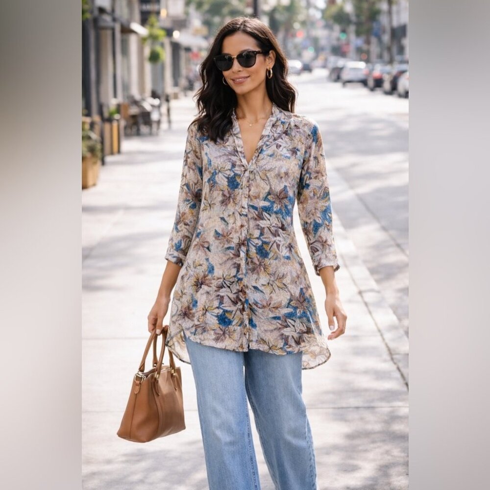 Nile Floral Tunic Blouse Size M Swiss Design Boho Button Front Top